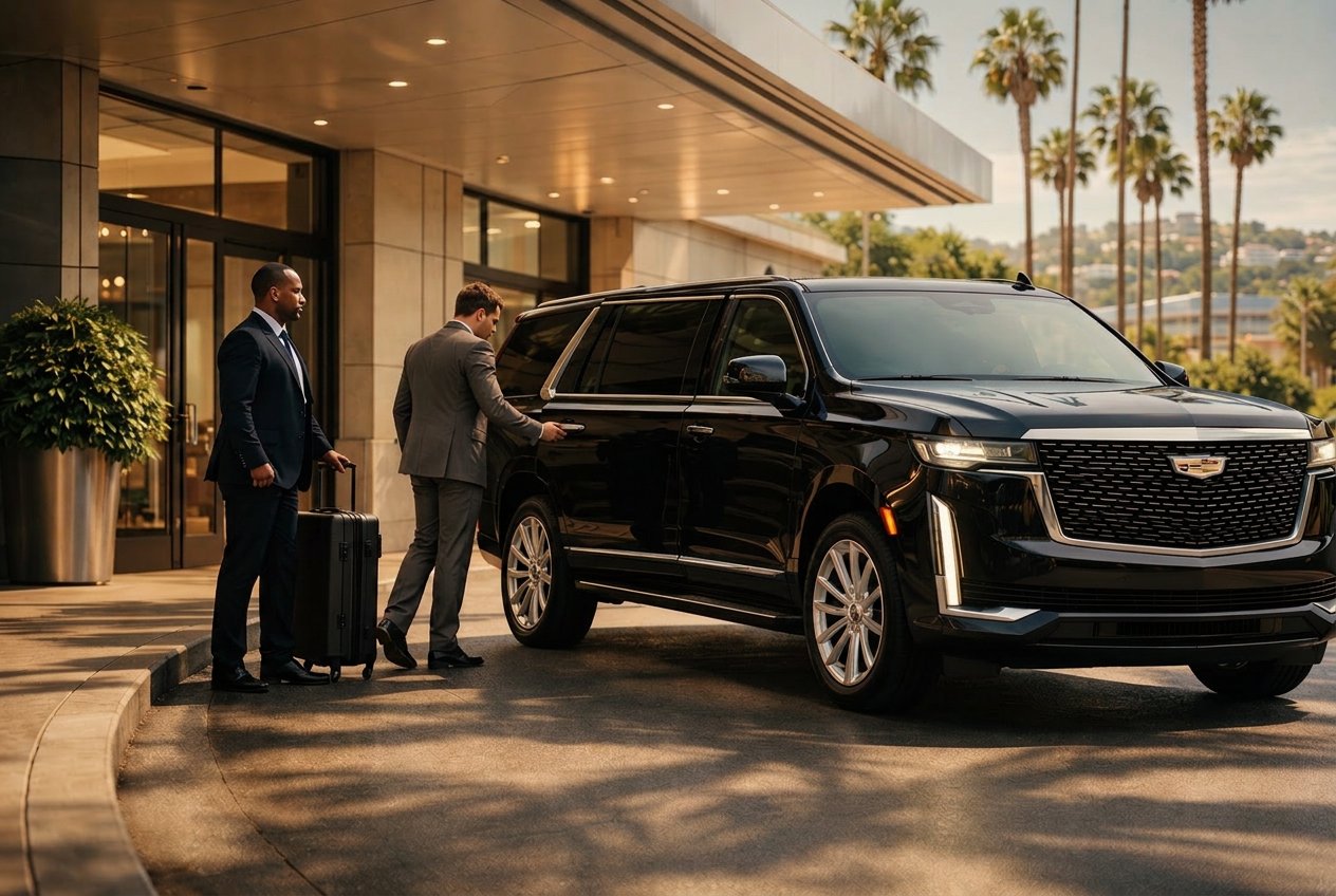 Elite Blk Car chauffeur assisting a client into a black Cadillac Escalade ESV in Los Angeles